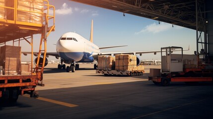 A large white airplane is parked on the tarmac with a large number of boxes