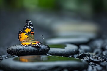 Butterfly resting rock water