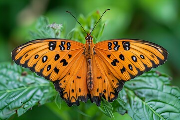 Obraz premium Butterfly sitting leaf green nature insect beautiful small