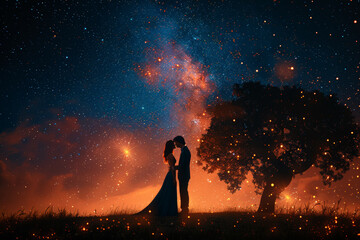 A couple embracing under a starry sky, their silhouettes illuminated by the moonlight. Concept of romance and intimacy. Generative Ai.