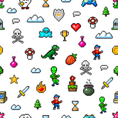 Pixel art 8 bit objects. Seamless pattern. Retro game assets. Set of icons. Vintage computer video arcades. Characters and coins, Winner's trophy. Vector illustration.