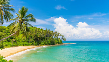 Beautiful tropical beach sea ocean with coconut and other tree around white cloud on blue sky