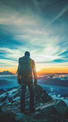 Man with mountain equipment at the top of a mountain looking at the sunset with blue tones. Generative AI.