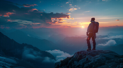 Man with mountain equipment at the top of a mountain looking at the sunset with blue tones. Generative AI.