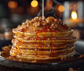 close up of humongous stack of pancakes stretching across the full length of the image 10 feet high, dripping with gooey maple syrup. - Powered by Adobe