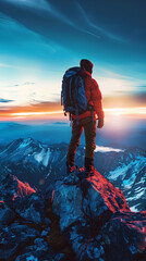 Man with mountain equipment at the top of a mountain looking at the sunset with blue tones. Generative AI.