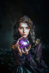 A fantasy girl holds a crystal magical power ball, Generative AI