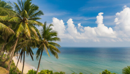 Beautiful tropical beach sea ocean with coconut and other tree around white cloud on blue sky