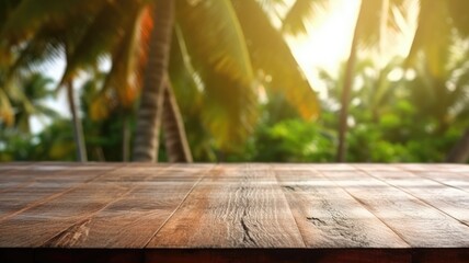Whole coconuts with brown and rough texture on rustic wooden table with tropical palm background at sea with blue sky and golden sun ray shining. Summer refreshment and exotic cuisine concept. AIG35. - Powered by Adobe