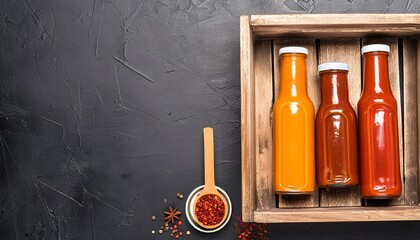 Hot sauce bottles and a spoon in a wooden box; on an old black background, generative AI