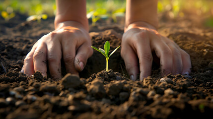 Hands planting a growing sprout in the earth, human responsibility for nature conservation, symbolic gesture for environmental protection. Generative AI.