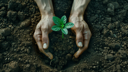 Hands planting a growing sprout in the earth, human responsibility for nature conservation, symbolic gesture for environmental protection. Generative AI.
