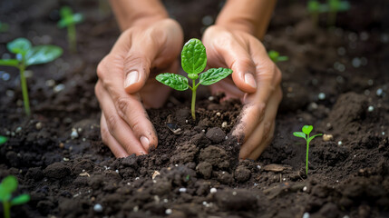 Hands planting a growing sprout in the earth, human responsibility for nature conservation, symbolic gesture for environmental protection. Generative AI.