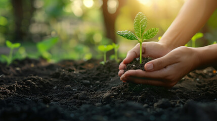 Hands planting a growing sprout in the earth, human responsibility for nature conservation, symbolic gesture for environmental protection. Generative AI.