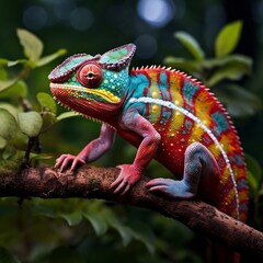 A colorful chameleon is perched on a branch