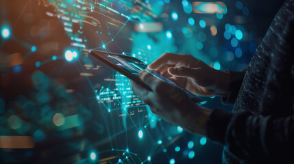 Internet network technology, digital software development, future tech background, IoT concept. Man using digital tablet and laptop with global network connection, computer code. Generative AI.