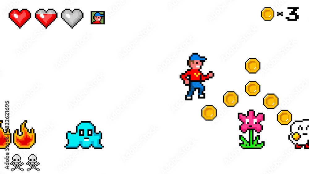 Fototapete pixel mountains. the game character collects coins. passing levels and number of lives. art 8 bit ob