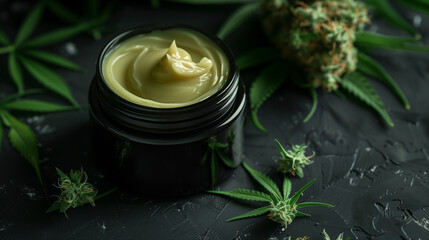 Jar of CBD cream on black background with hemp leaves and medical cannabis flower buds nearby, alternative treatment and bodycare with natural cosmetic product. Generative AI.