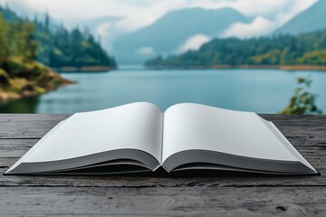 Open book with a scenic mountain and lake background