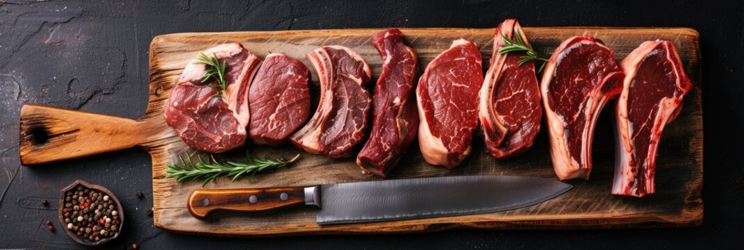 Meat Cut. Aged Black Angus Prime Beef Steaks Displayed on Wooden Chopping Board