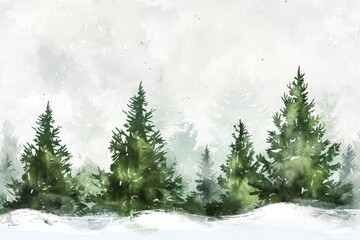 Hand Drawn Forest. Watercolor Winter Season Nature Illustration with Pine Trees in the Snow