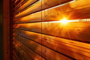 Sunlight streams through wooden blinds, casting warm, golden beams and creating intricate patterns of light and shadow on the interior surfaces. 