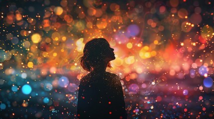 Person surrounded by positive affirmations, glowing words in air, Positive affirmations, Bright hues, High detail, Surreal