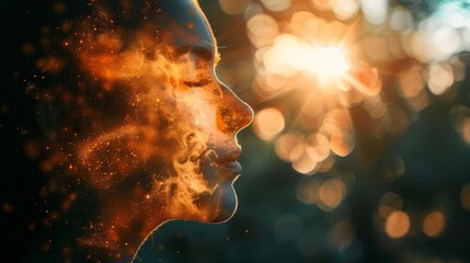 Person transforming negative thoughts into positive ones, shift from darkness to light, Cognitive behavioral therapy, Cool to warm transition, High detail