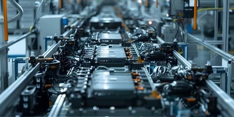 Capturing the Intricacies and Safety Measures of an EV Battery Assembly Line. Concept EV Battery Technology, Assembly Line Efficiency, Safety Protocols, Intricate Engineering