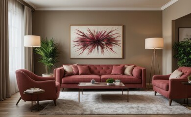 Sophisticated professional photograph of a burgundy and rose gold luxury living room interior with abstract art and indoor palm trees