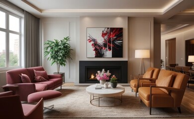 Sophisticated professional photograph of a burgundy and rose gold luxury living room interior with abstract art and indoor palm trees