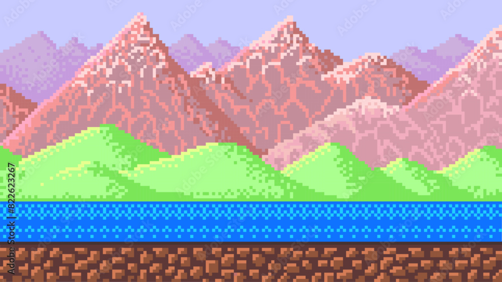 Poster mountains. pixel art 8 bit objects. landscape background for the application or a website. retro gam