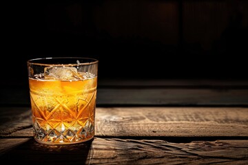 Old Fashion Background. Vintage Styled Cocktail on Rustic Wooden Table with Black Backdrop