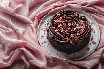 Fototapeta premium Chocolate cake pink sprinkles plate dessert delicious sweet celebration baked