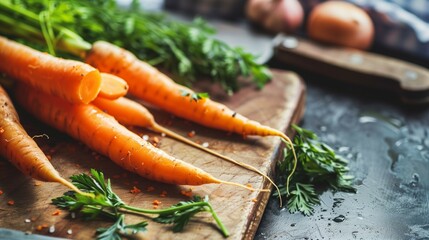 Closeup photograph of carrots on cutting board