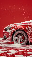 red modern car in foam on a car wash on a red background with copy space. car care banner with place for text. no people .cleaning. vertical photo.