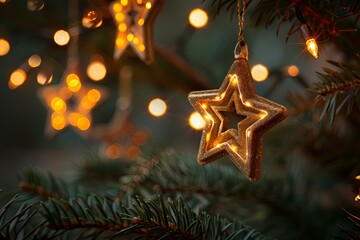 A star decoration hanging from a tree with lights in the background