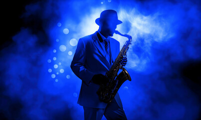 Silhouette of a jazz musician playing the saxophone against a blue light background.  Jazz music and performance concept for poster, wallpaper and banner design.