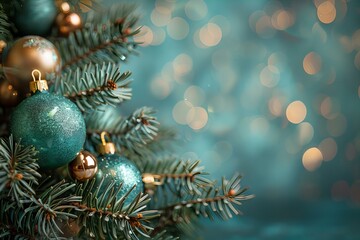 Holiday festivity adorns tree, backdrop serene blue