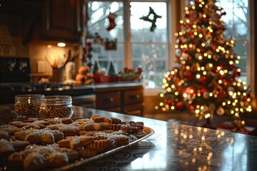Obraz premium Christmas tree kitchen tray pastries view delicious holiday festive baked goods