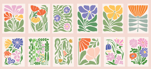 Abstract plants. Botanical doodle background art set. Flower and leaves abstract shape. Trendy floral in primitive contemporary style design for print, wallpaper, wall art for home decoration. 