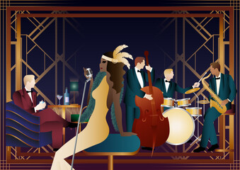 Jazz musicians and singer in a restaurant, cafe or bar. Double bass, saxophone, drum. Musicians play musical instruments