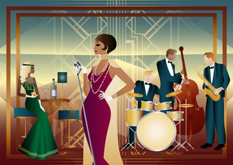 Jazz musicians and singer in a restaurant, cafe or bar. Double bass, saxophone, drum. Musicians play musical instruments