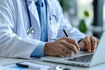 Male doctor working on a laptop computer at a desk