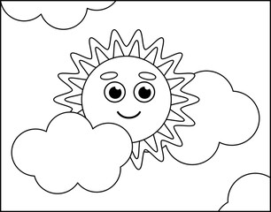 Coloring page. Sun with clouds in sky. Black and white sun. Vector.