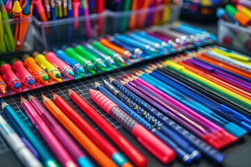 Many colorful pens on table