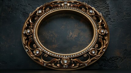 A gold and diamond framed oval sits on a black background