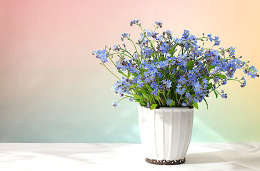 Beautiful spring forget-me-not flowers in a vase on a light background, flyer. Abstract flower arrangement, still life with space for text, floral holiday card, summer greeting concept,