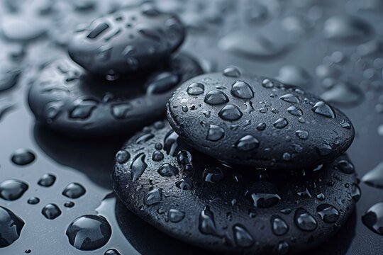 Black stones scattered on wet dark surface