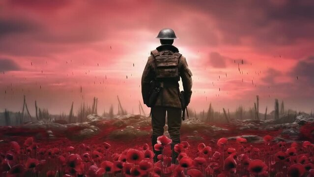 A soldier stands amidst a field of red poppies at sunset, evoking themes of remembrance, sacrifice, and the aftermath of war. The scene is somber yet beautiful, capturing historical significance.
